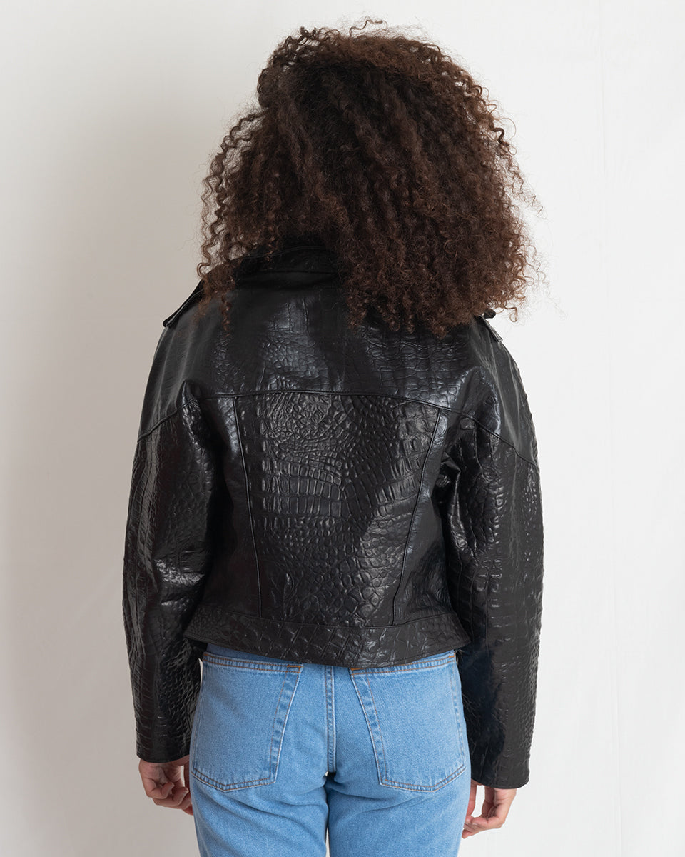 MSM WOMAN LEATHER JACKET BLACK CROCO