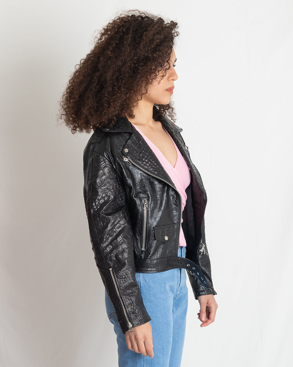 MSM WOMAN LEATHER JACKET BLACK CROCO