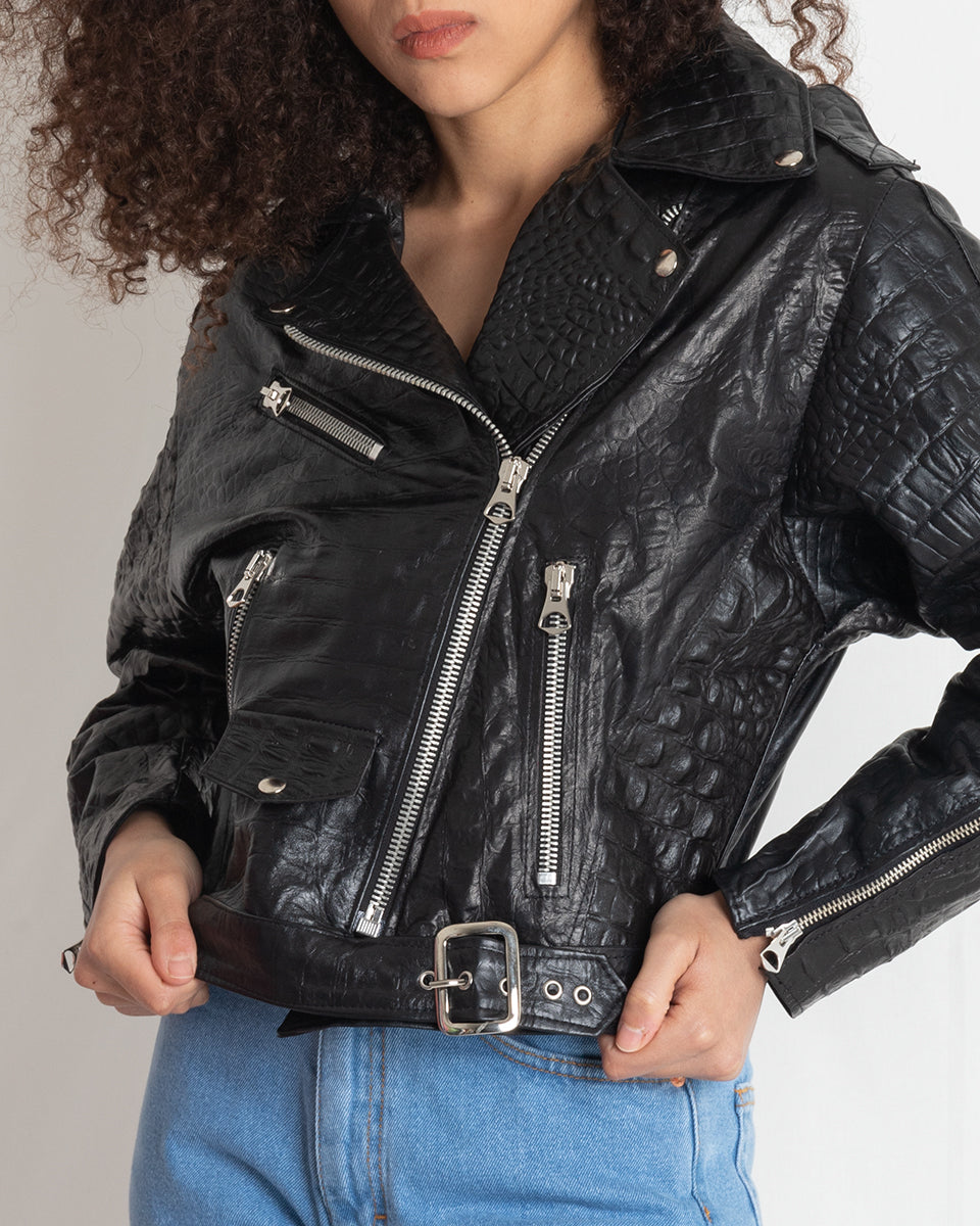 MSM WOMAN LEATHER JACKET BLACK CROCO